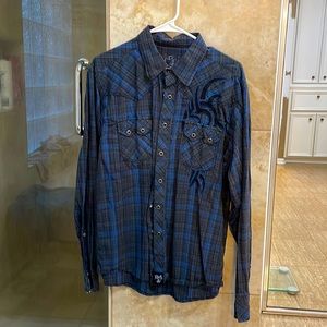 Rock 47 snap down collared shirt plaid with embroidered design